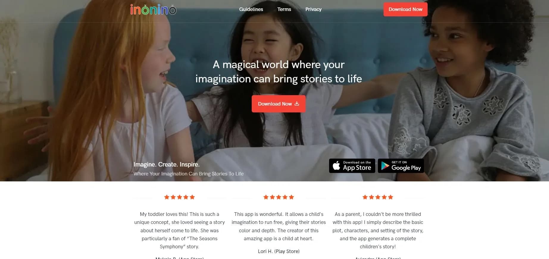 Inonino homepage screenshot — Bring stories to life with your imagination.