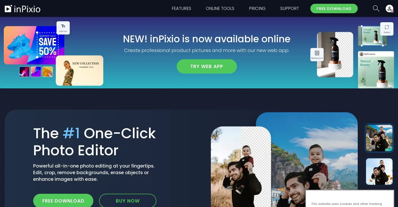InPixio homepage screenshot — Transform photos with one-click magic.