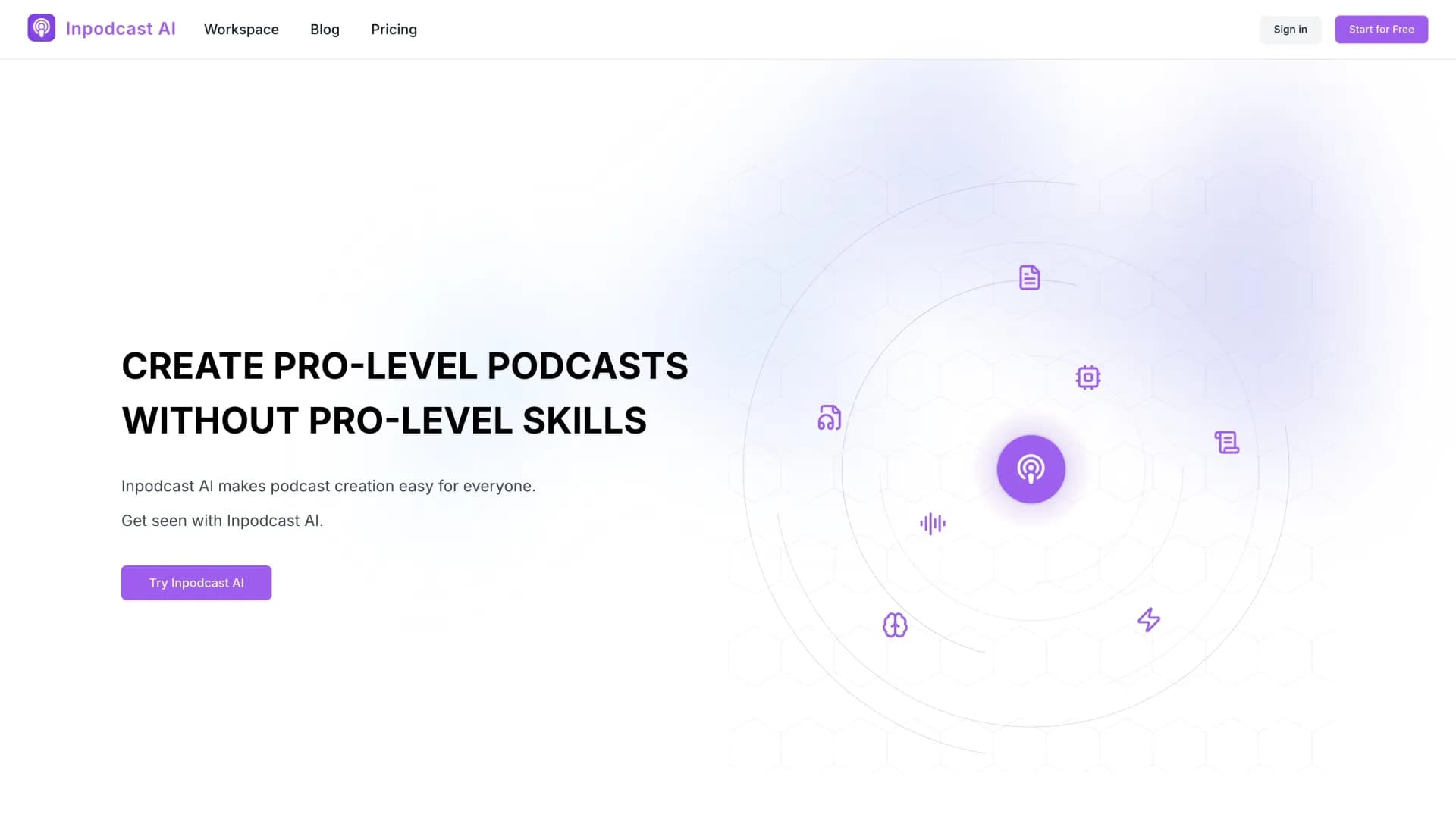 Inpodcast AI homepage screenshot — AI Podcast Generator & Document to Podcast