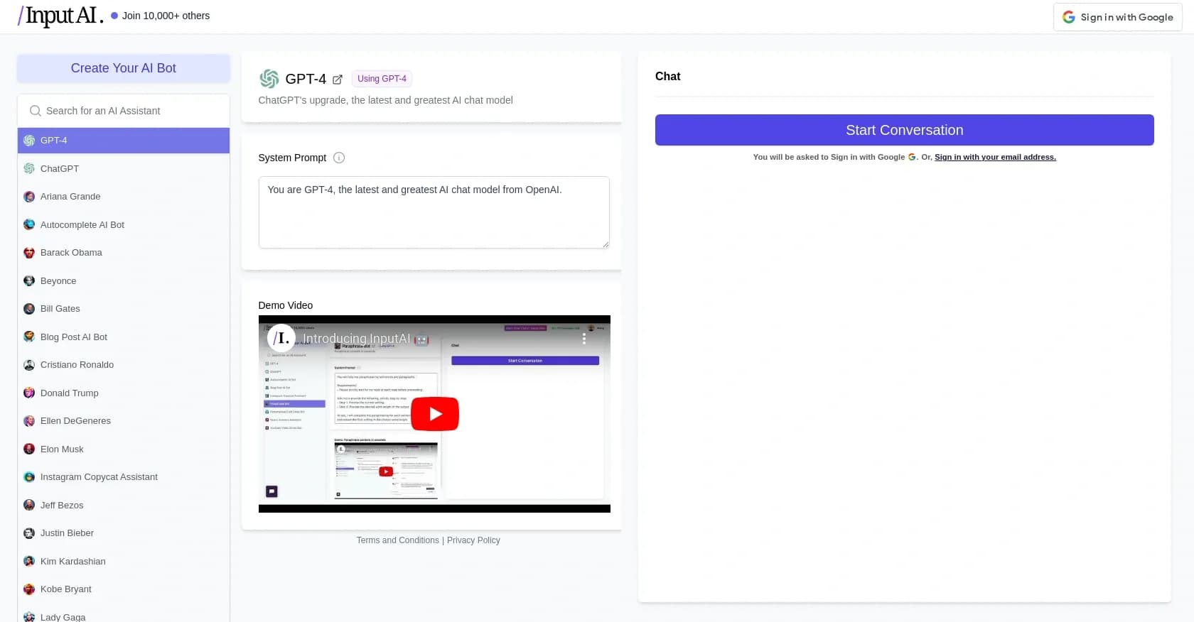 InputAI homepage screenshot — AI-powered chat interface
