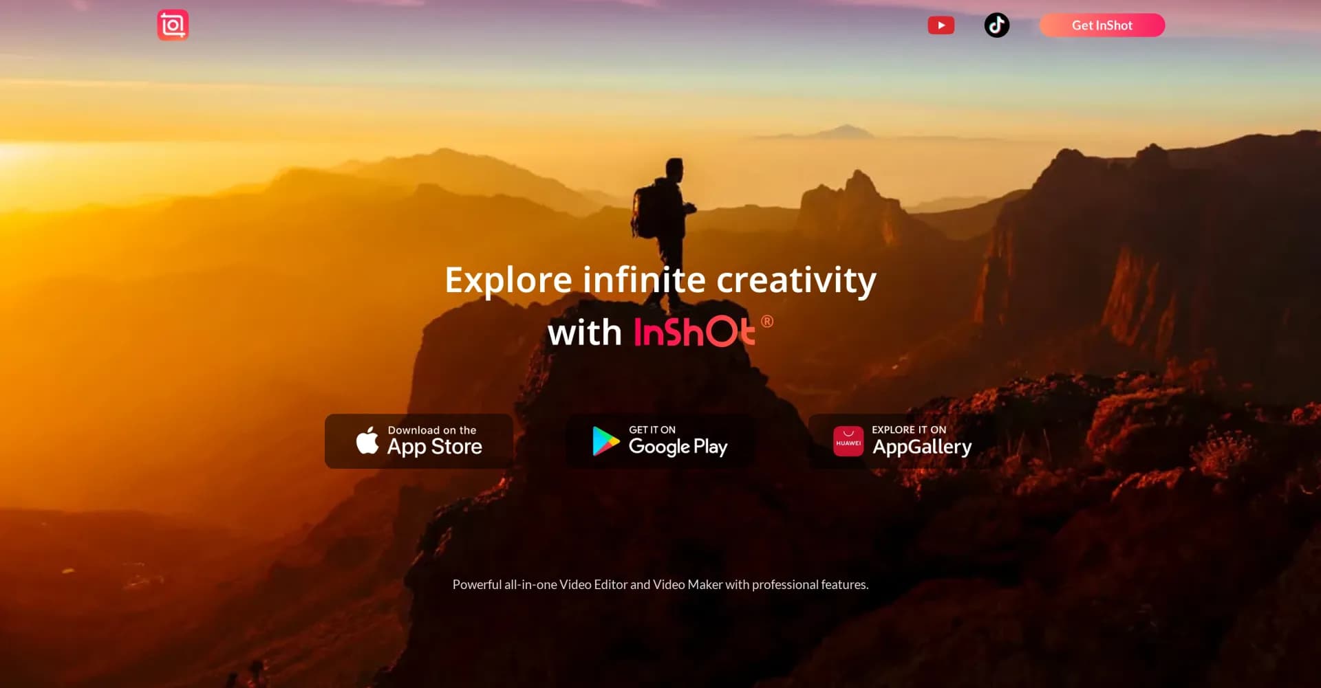 InShot homepage screenshot — Empower your creativity with advanced video and photo editin