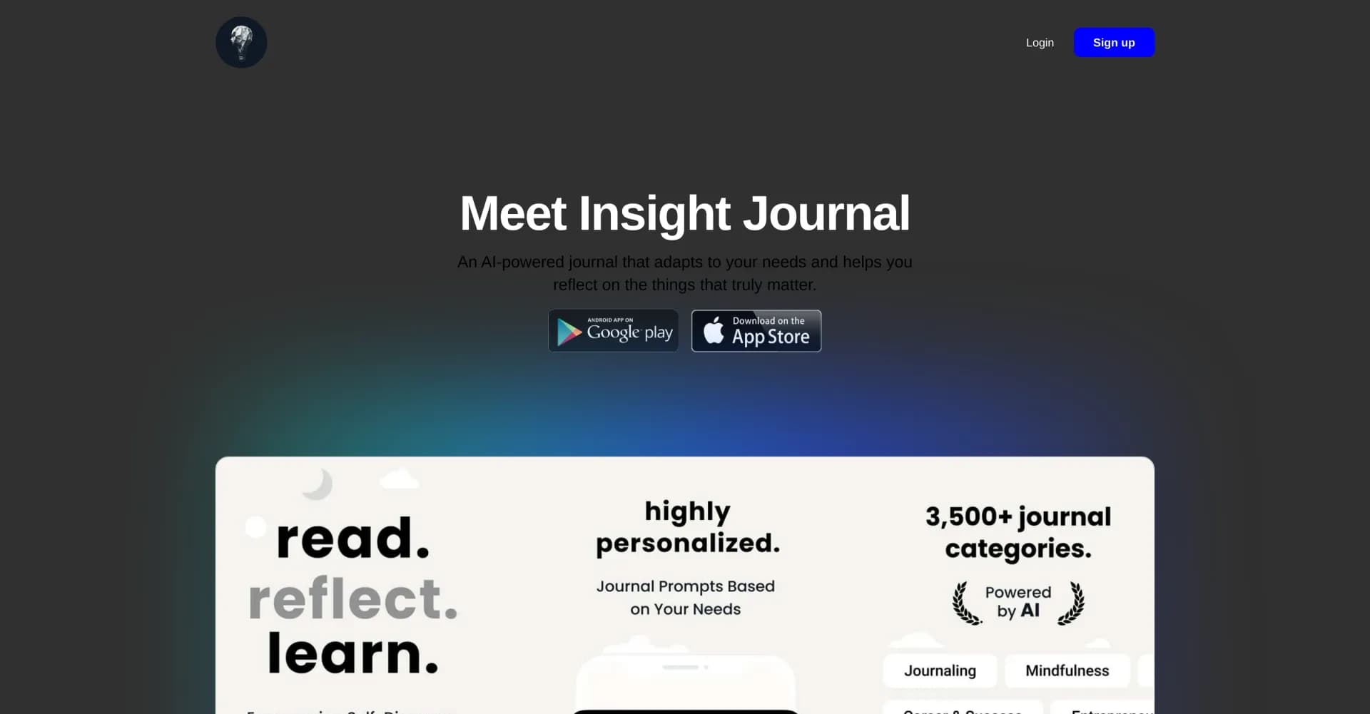 Insight Journal homepage screenshot — AI-powered journaling for deeper self-reflection
