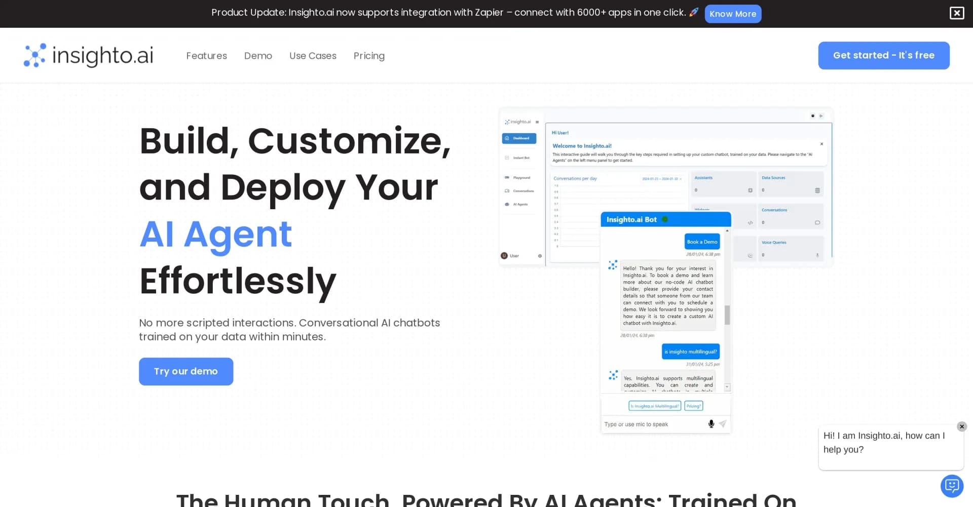 Insighto homepage screenshot — Build custom AI chatbots without coding.