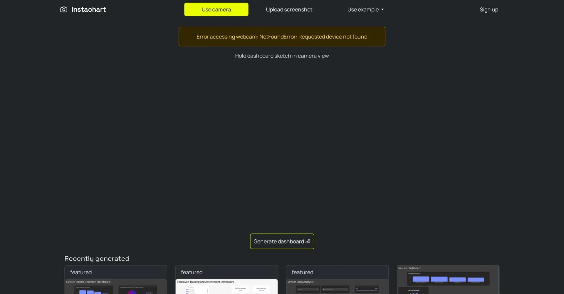 Instachart homepage screenshot — Instantly turn dashboard sketches into interactive visualiza