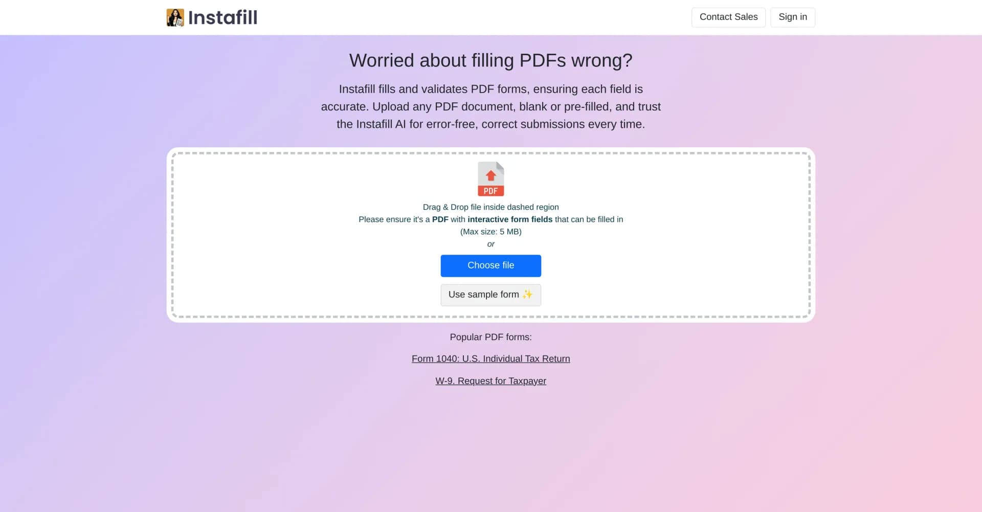 Instafillv1.2.0 homepage screenshot — AI-powered PDF form filler for swift, accurate paperwork.