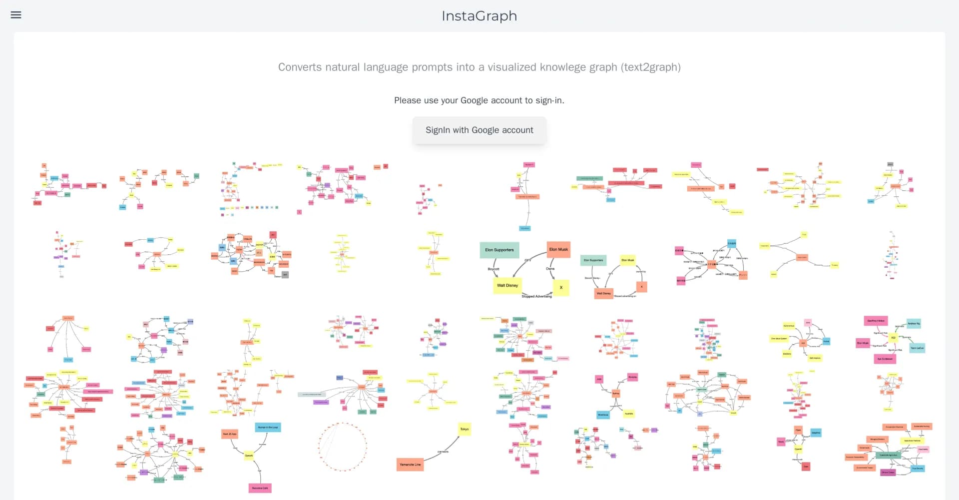 InstaGraph homepage screenshot — Convert text into insightful knowledge graphs.