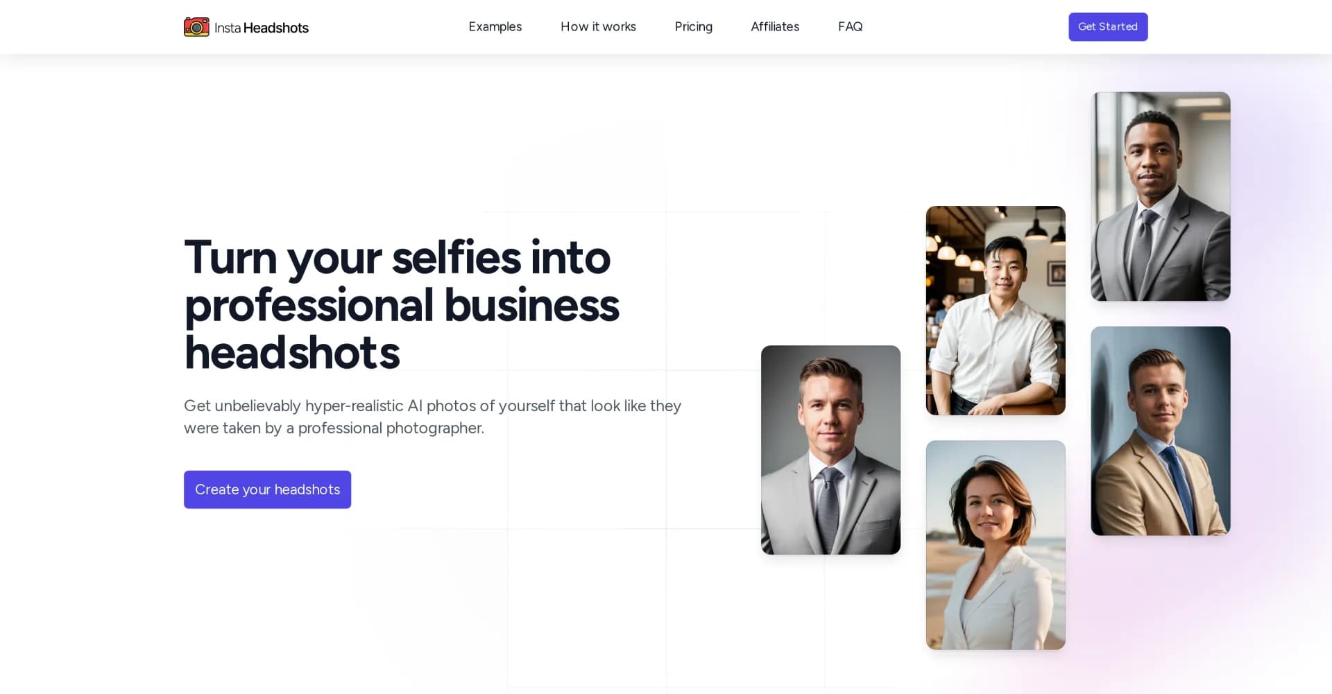 InstaHeadshots homepage screenshot — Turn your selfies into professional business headshots.