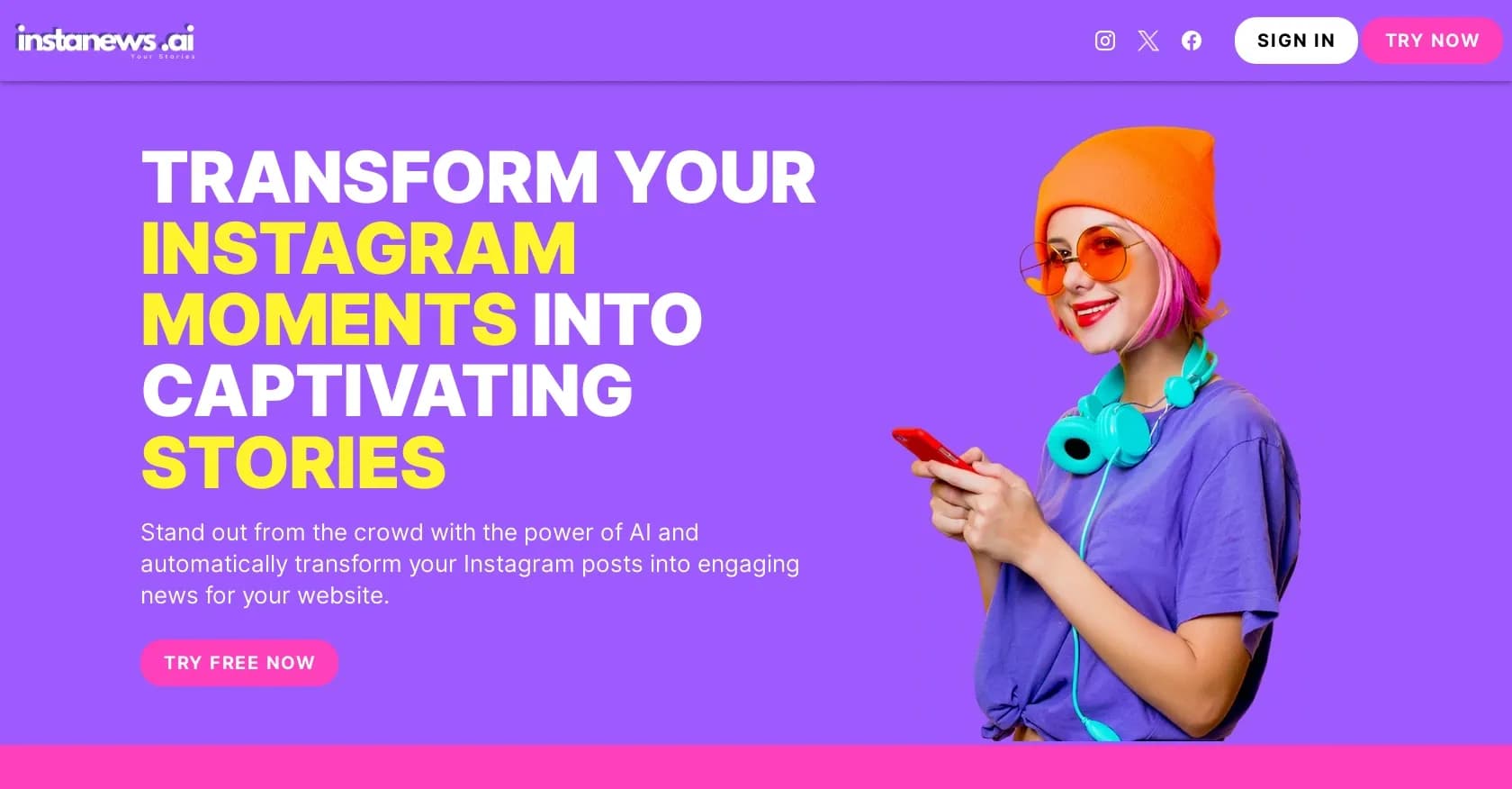Instanews homepage screenshot — Transform Instagram posts into captivating website stories