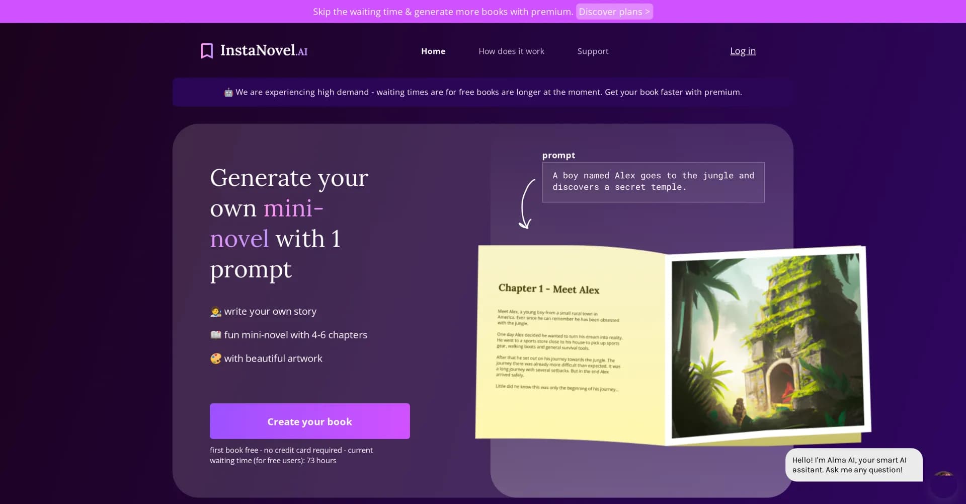 InstaNovel homepage screenshot — Generate mini-novels with AI in minutes