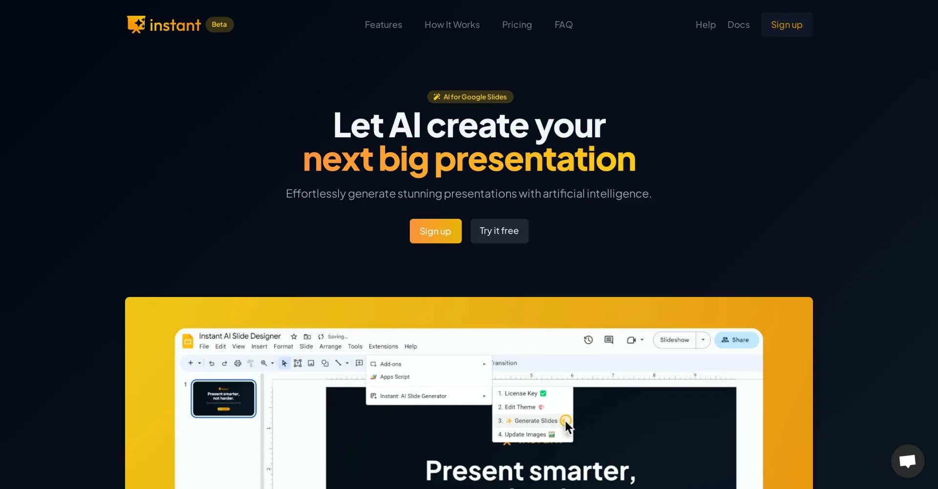 Instant homepage screenshot — Generate stunning presentations with AI