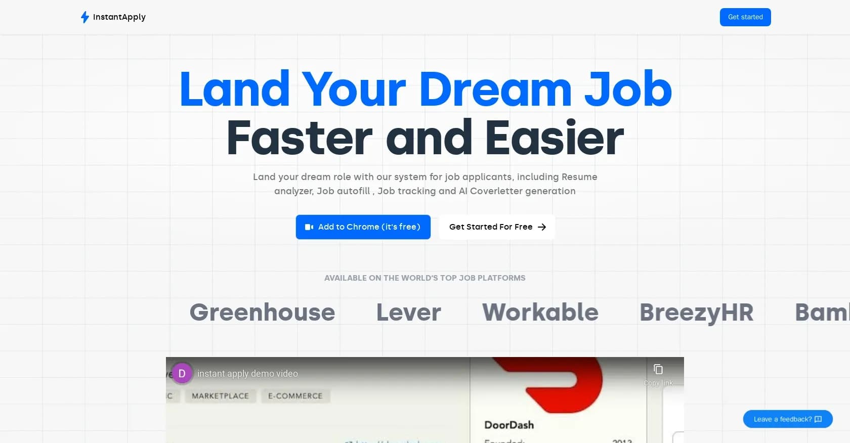 Instantapply homepage screenshot — Land your dream job faster with AI-powered applications.
