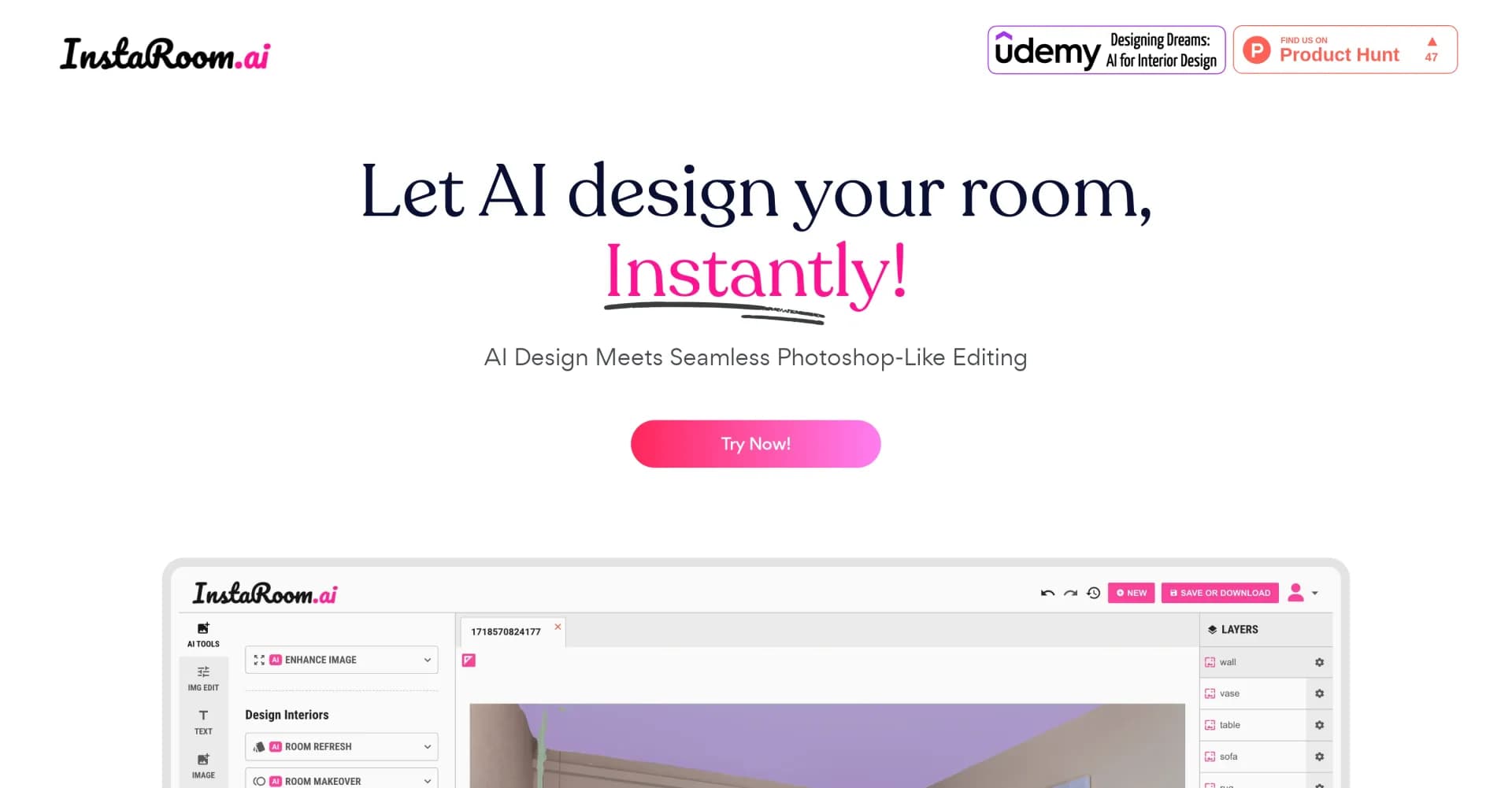 InstaRoom homepage screenshot — Let AI design your room, instantly!
