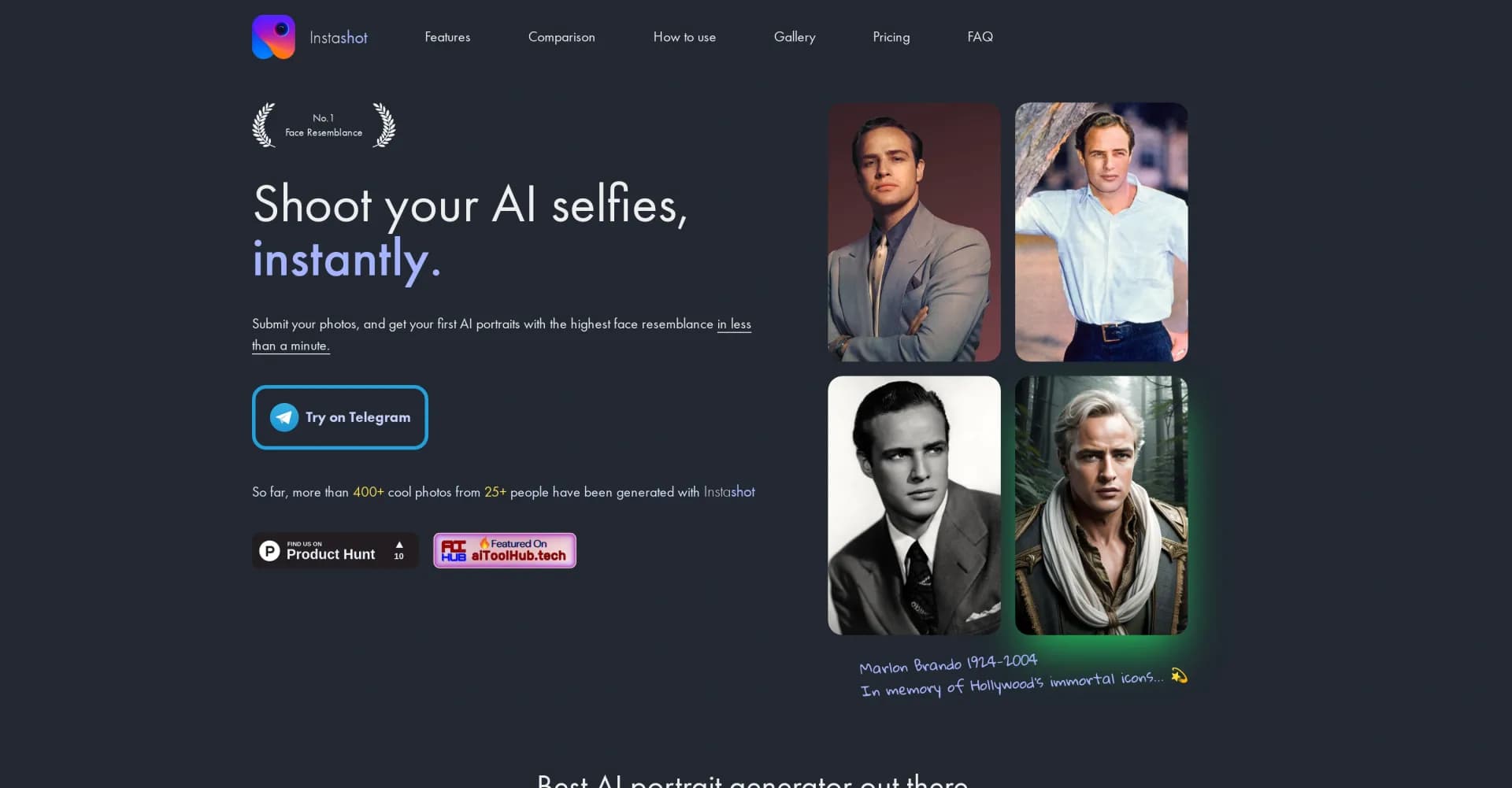 Instashot homepage screenshot — Shoot stunning AI selfies instantly.