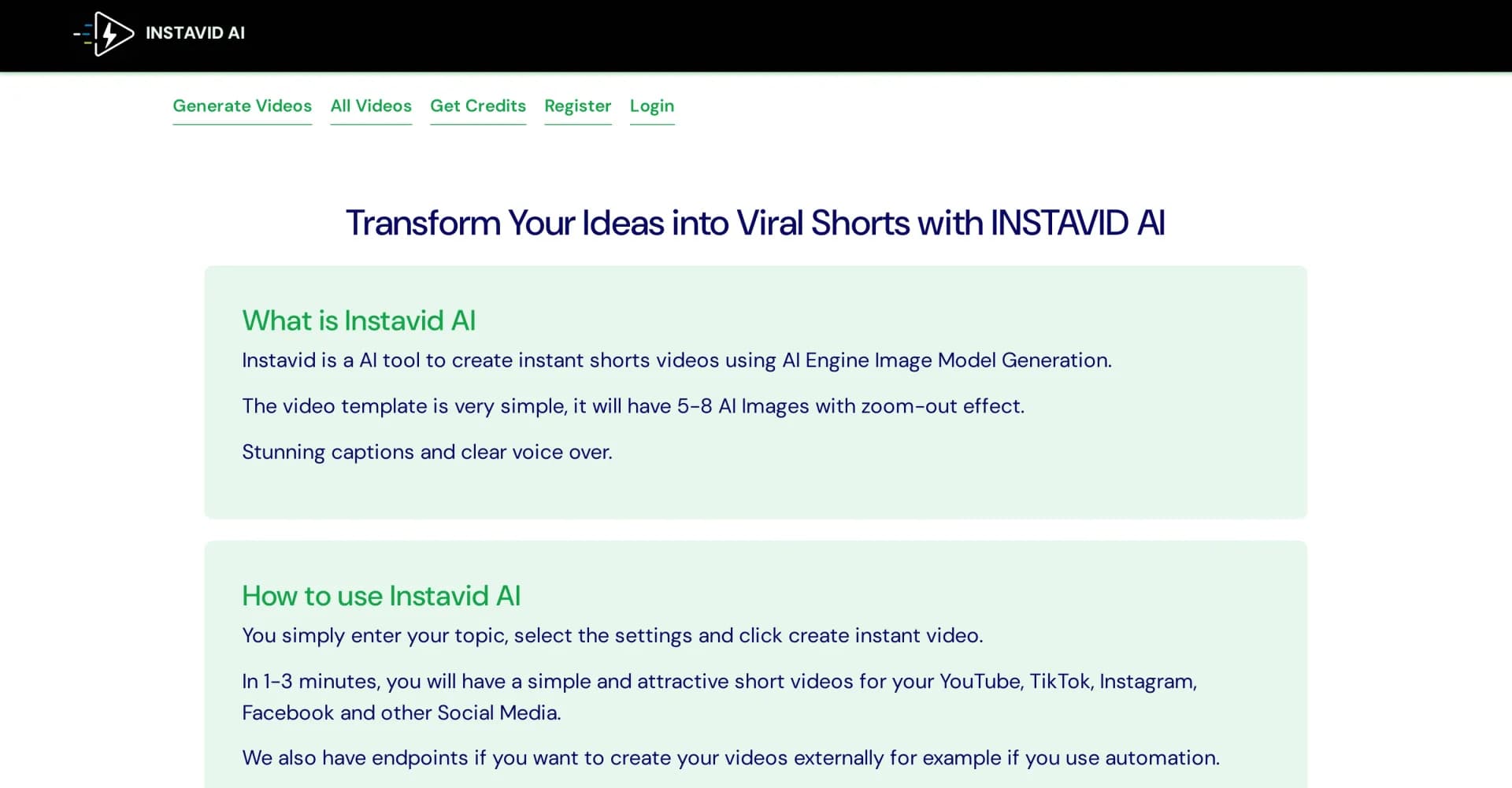 Instavid AI homepage screenshot — Create instant AI-powered shorts for viral social media