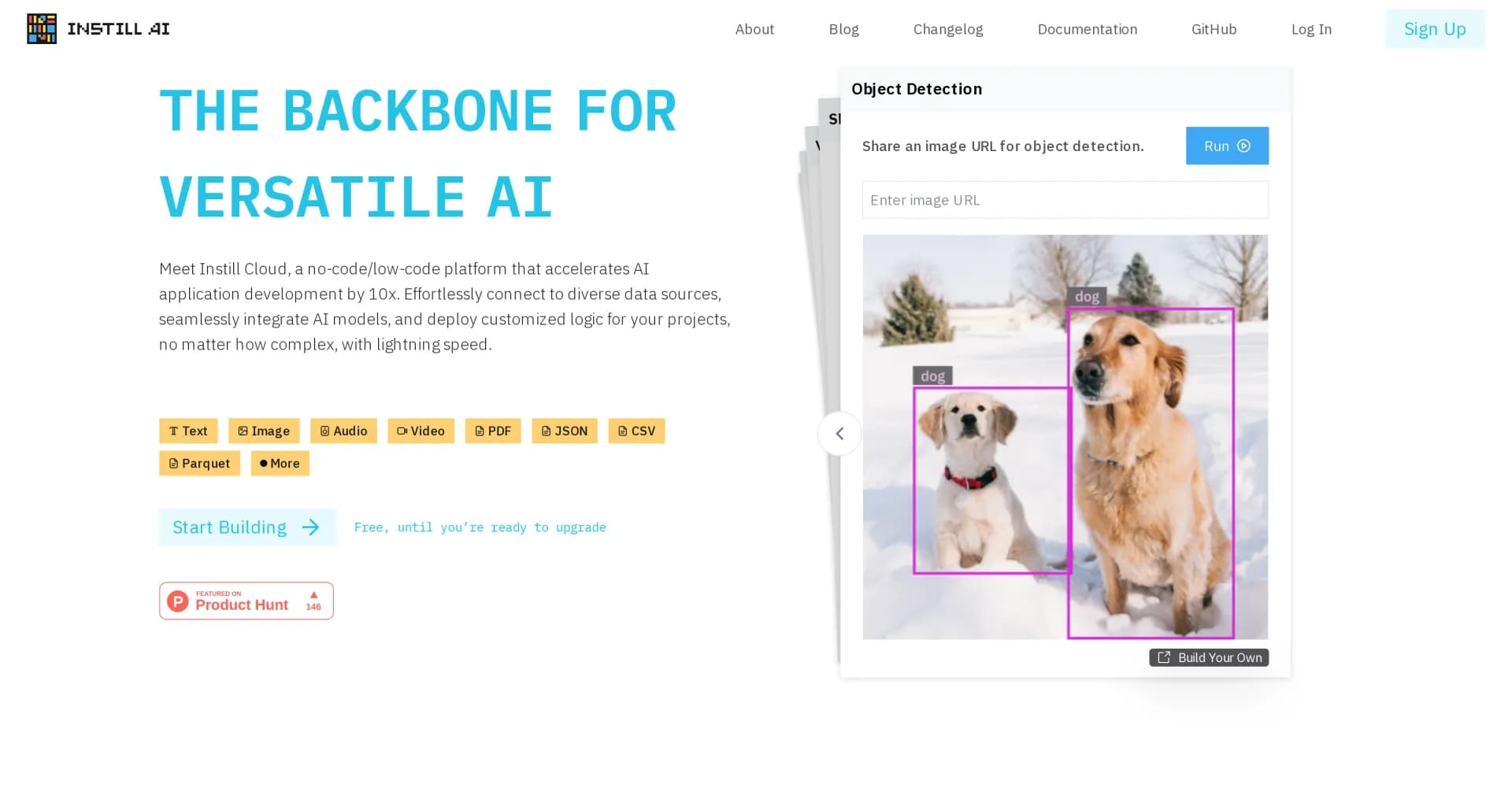 Instill Tech homepage screenshot — Accelerate AI app development 10x with no-code/low-code