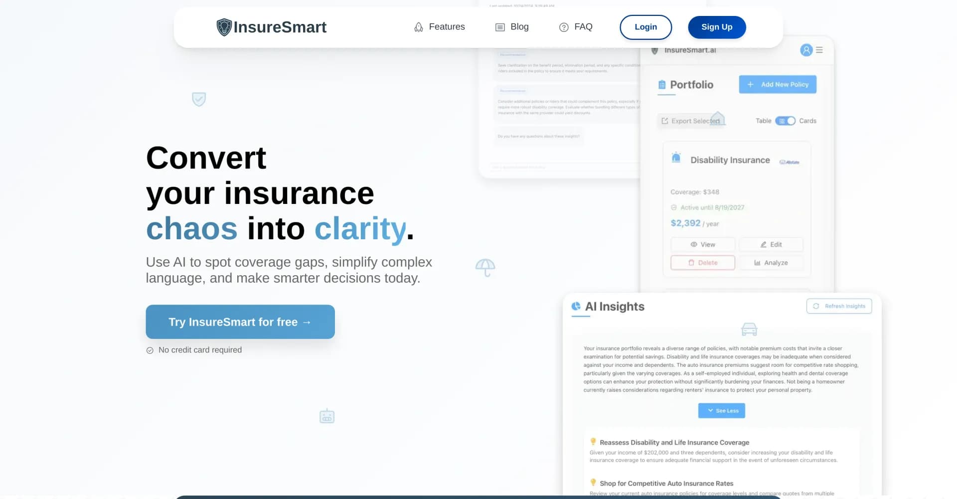 InsureSmart homepage screenshot — AI-powered insurance insights at your fingertips.