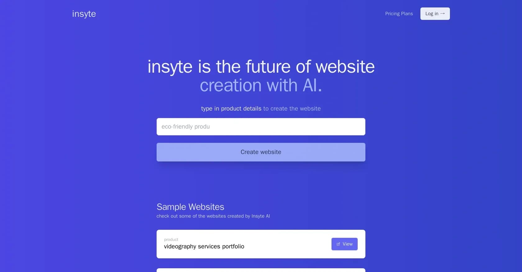 Insyte AI homepage screenshot — Create stunning AI-powered landing pages in seconds