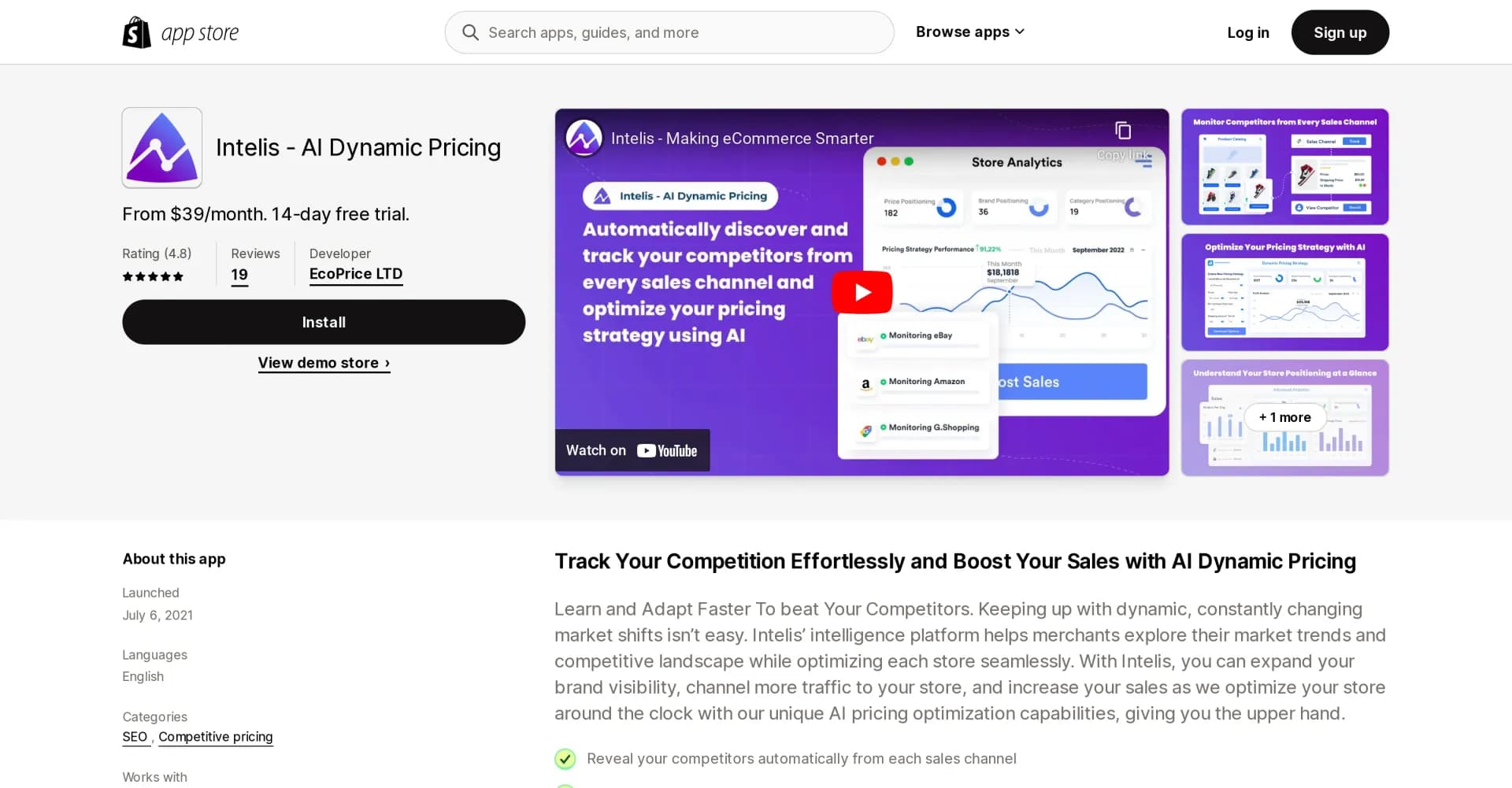Intelis homepage screenshot — AI-powered dynamic pricing for optimized profits