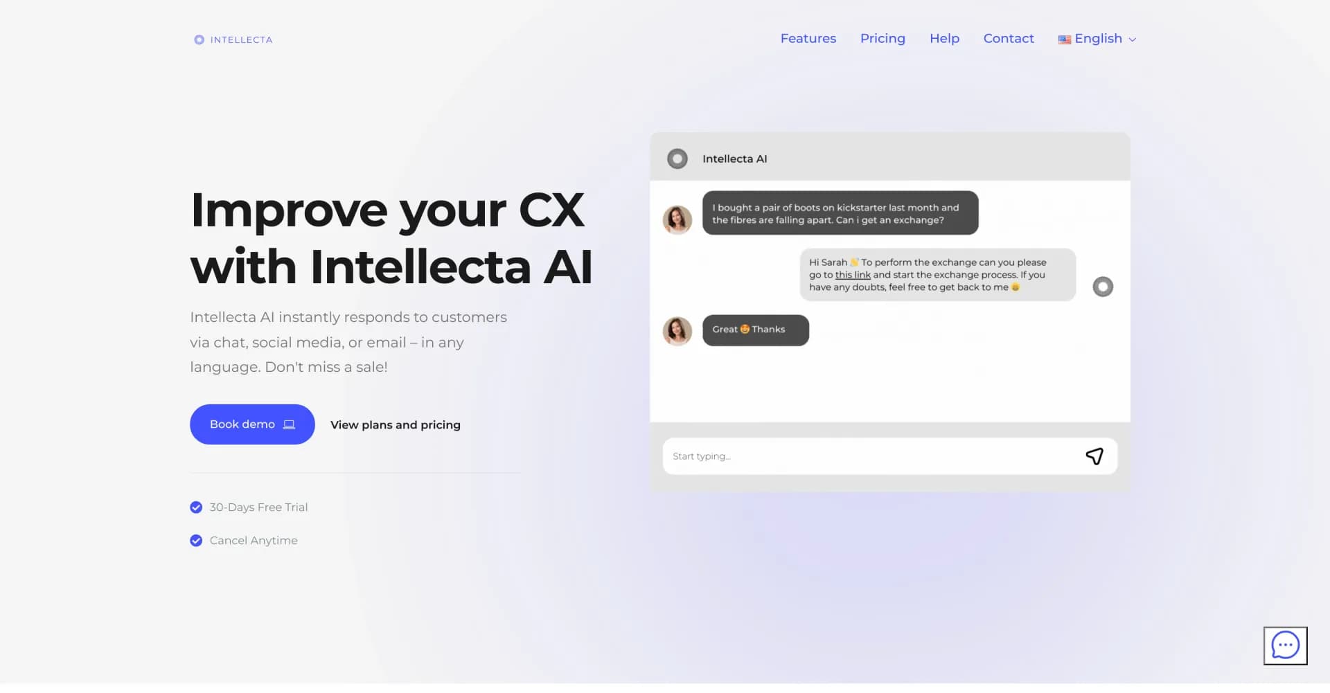 Intellecta homepage screenshot — AI-powered customer service that never sleeps.