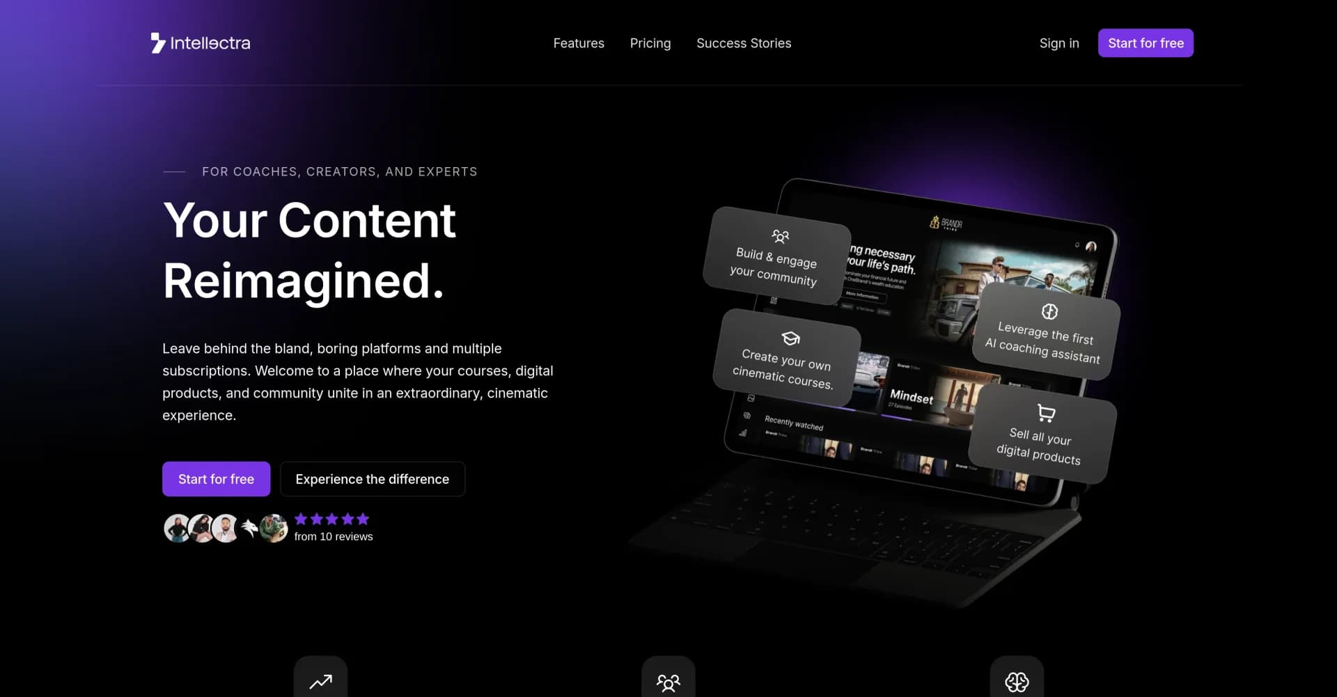 Intellectra homepage screenshot — Unite courses, products, and community in a cinematic experi