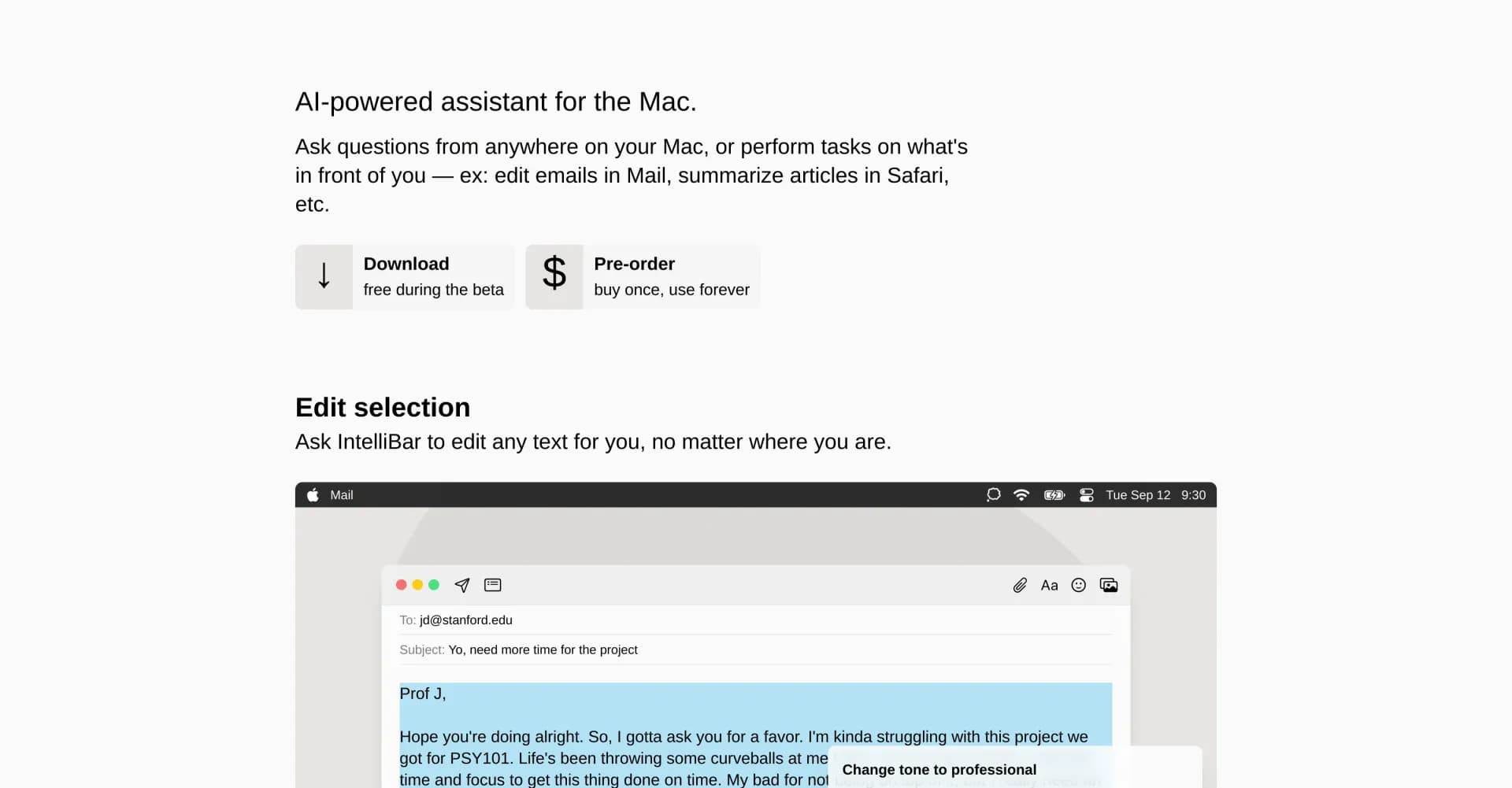IntelliBar homepage screenshot — AI-powered assistant for your Mac