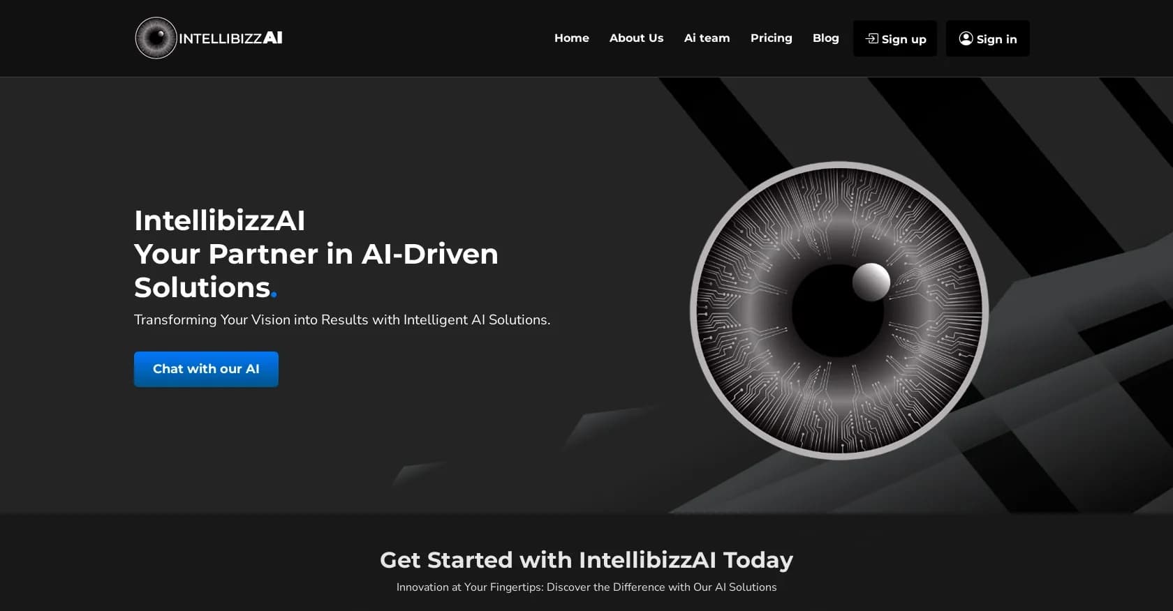 IntellibizzAI homepage screenshot — Transform your vision with intelligent AI solutions.