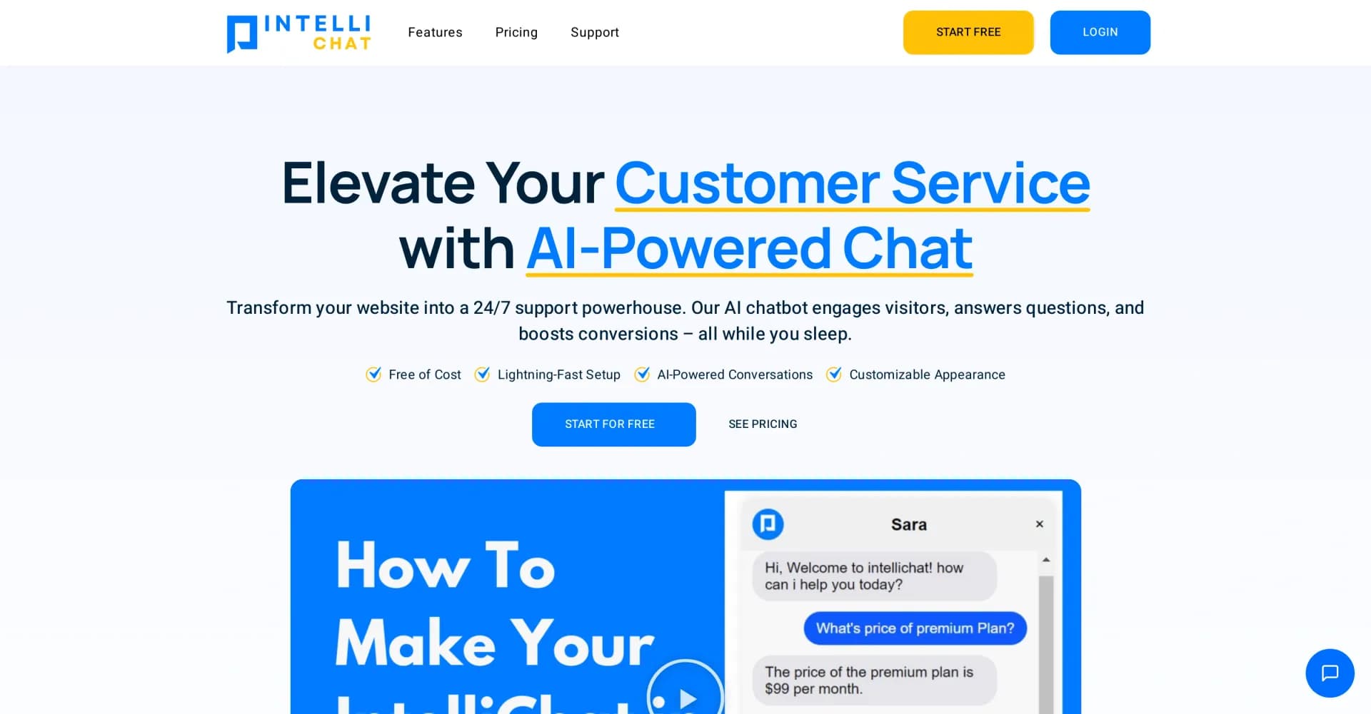 IntelliChat homepage screenshot — Transform your website into a 24/7 AI support powerhouse.