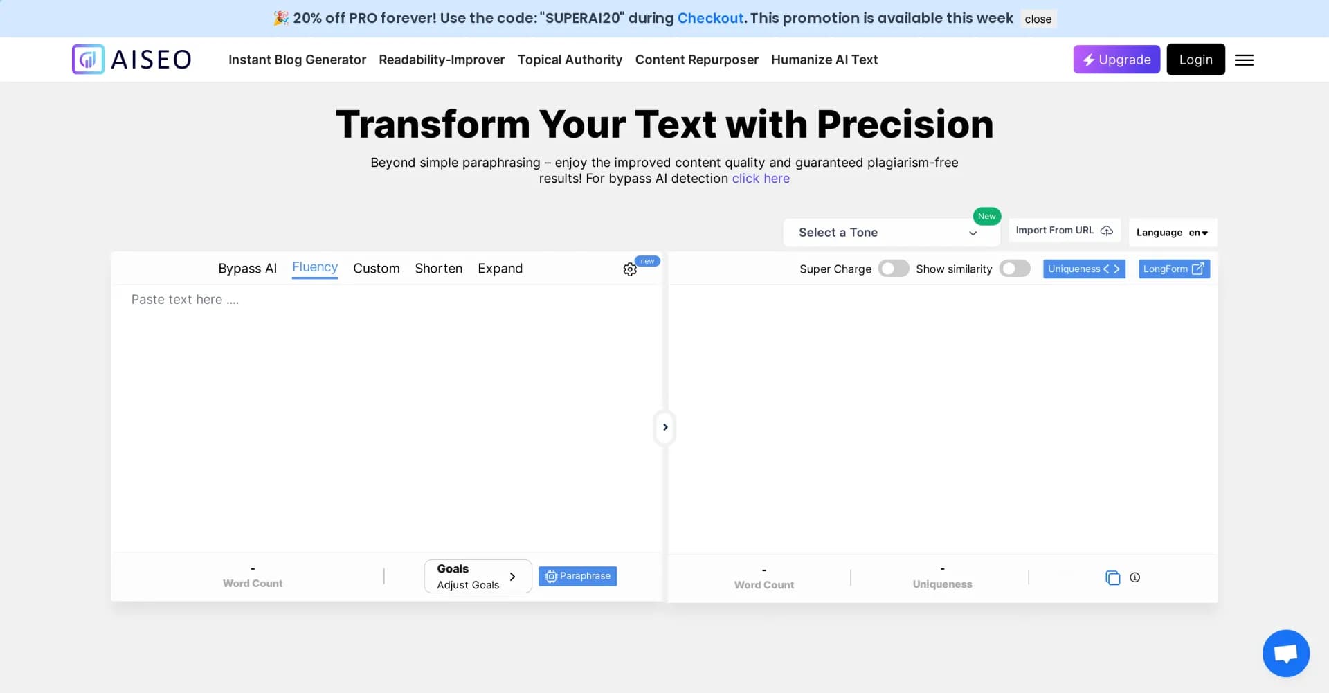 AISEO Free Paraphrasing Tool homepage screenshot — Rewrite content with one-click uniqueness.