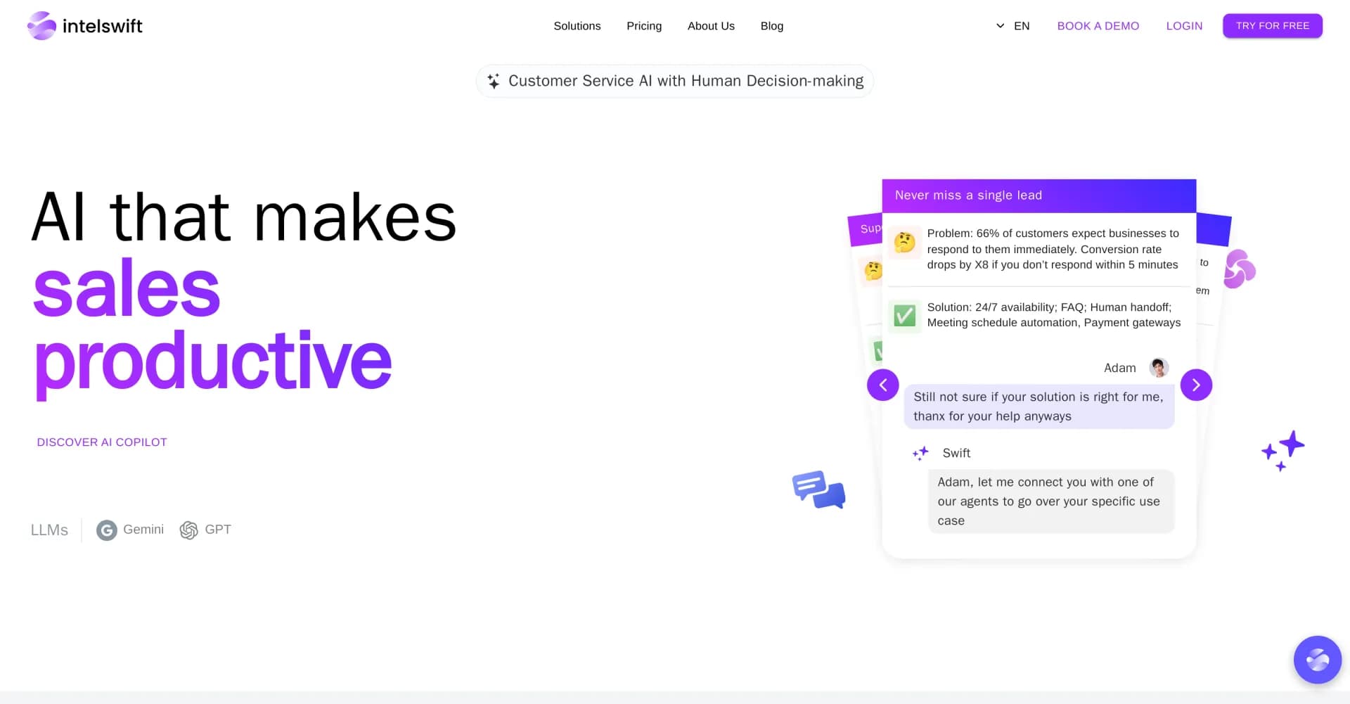 IntelSwift homepage screenshot — Turn your support center into a profit center!