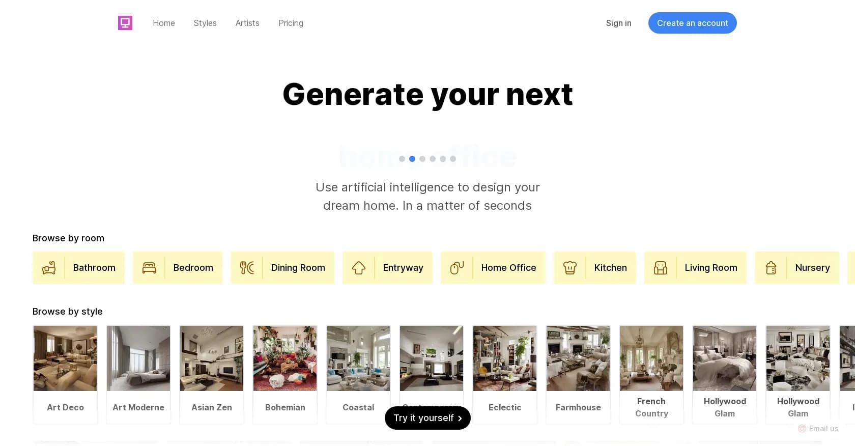 Room AI homepage screenshot — AI-powered interior design in seconds.