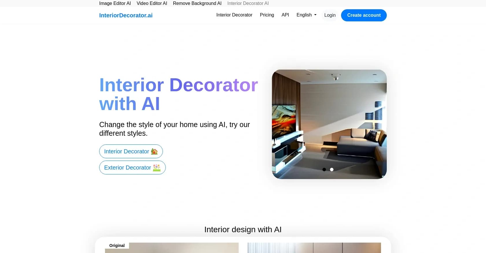 Interior Decorator AI homepage screenshot — Generate interior design ideas with AI