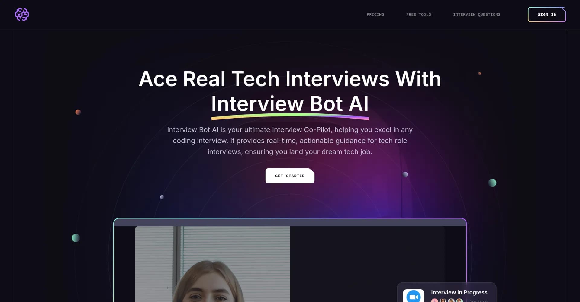 Interview Bot AI homepage screenshot — Ace tech interviews with AI-powered guidance
