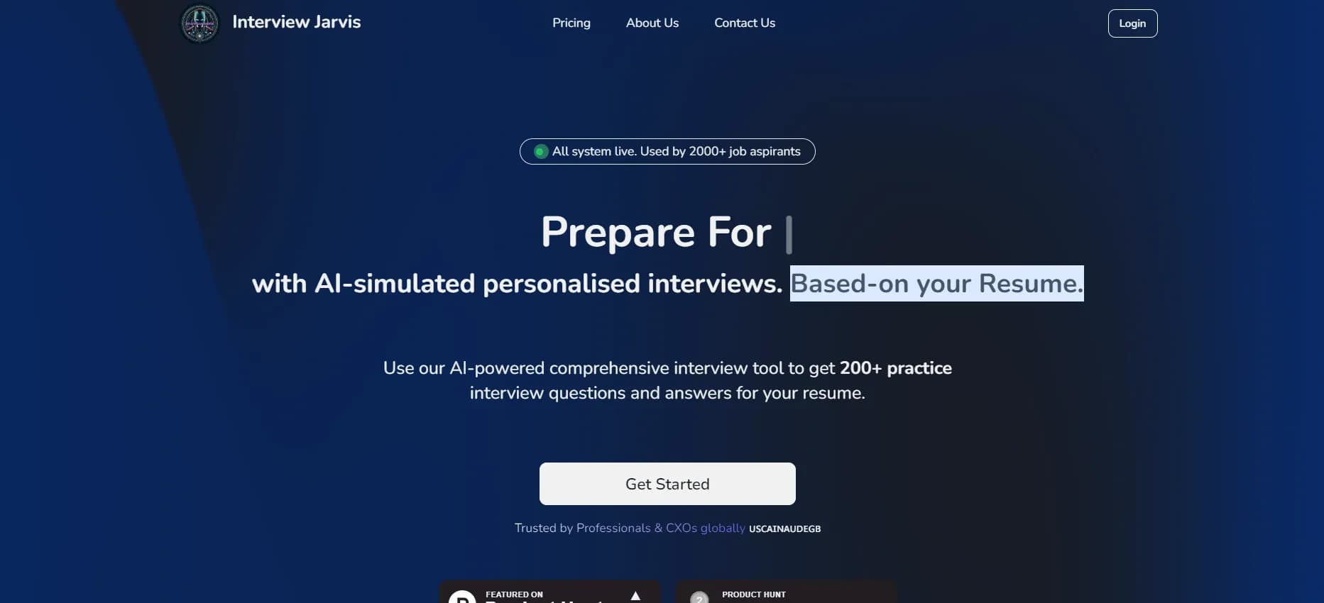 Interview Jarvis homepage screenshot — AI-powered mock interviews for senior roles