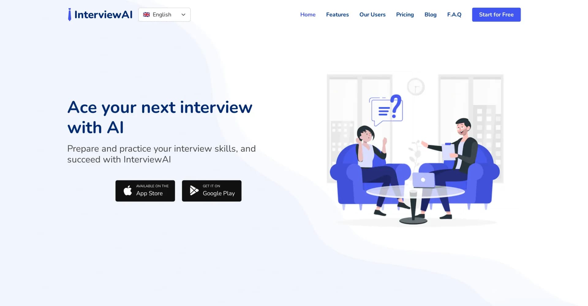InterviewAI.me homepage screenshot — Ace your next interview with AI-powered practice.