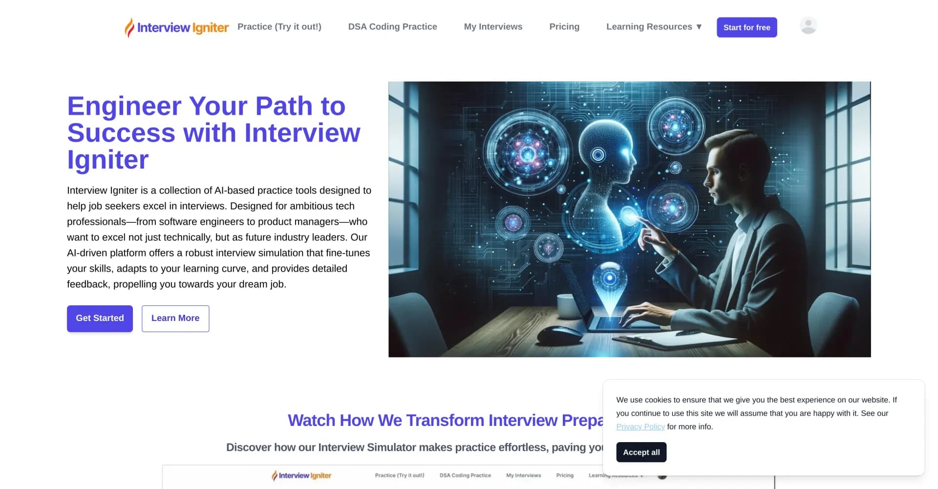 Interviewigniter homepage screenshot — Harness AI to ace job interviews and secure your dream job.