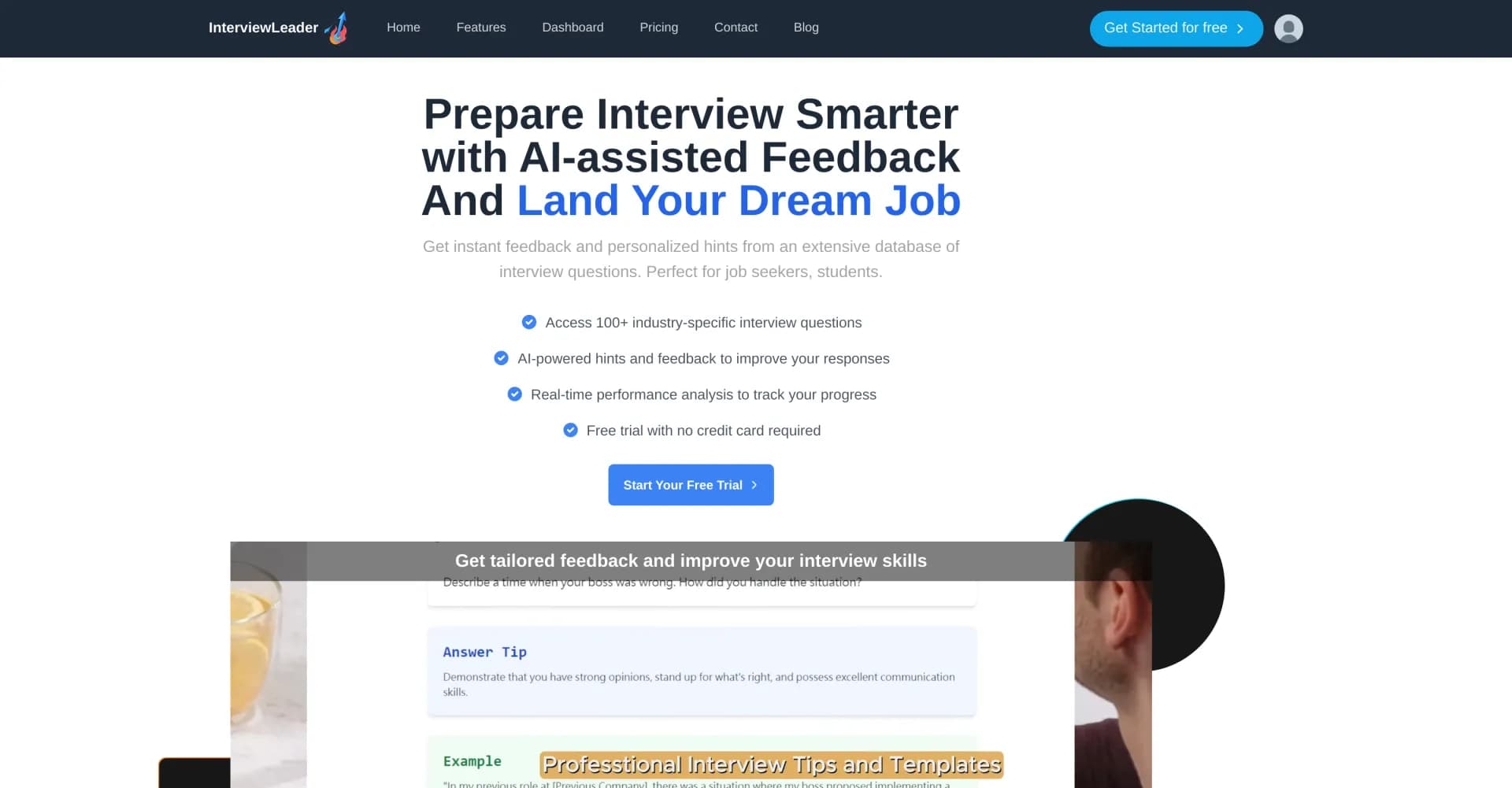 InterviewLeader homepage screenshot — Your AI-powered coach for mastering interview questions.