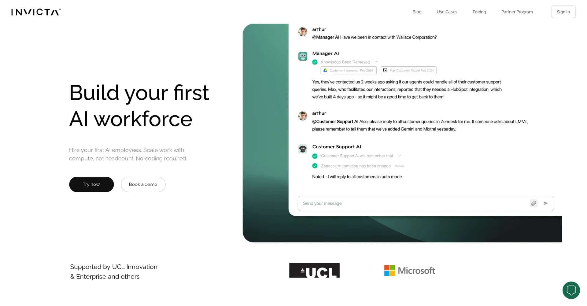 InvictaAI homepage screenshot — Hire AI employees to scale work without headcount.