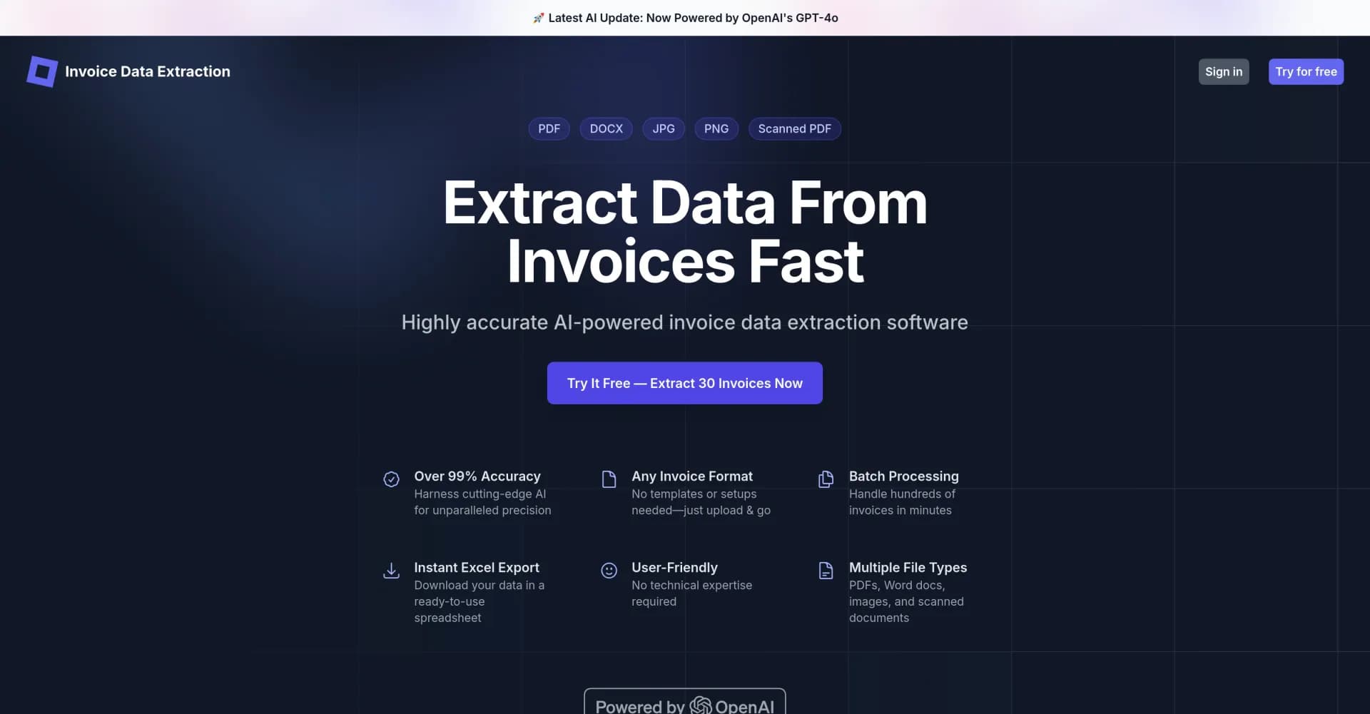 InvoiceDataExtraction homepage screenshot — Extract invoice data instantly with AI precision.