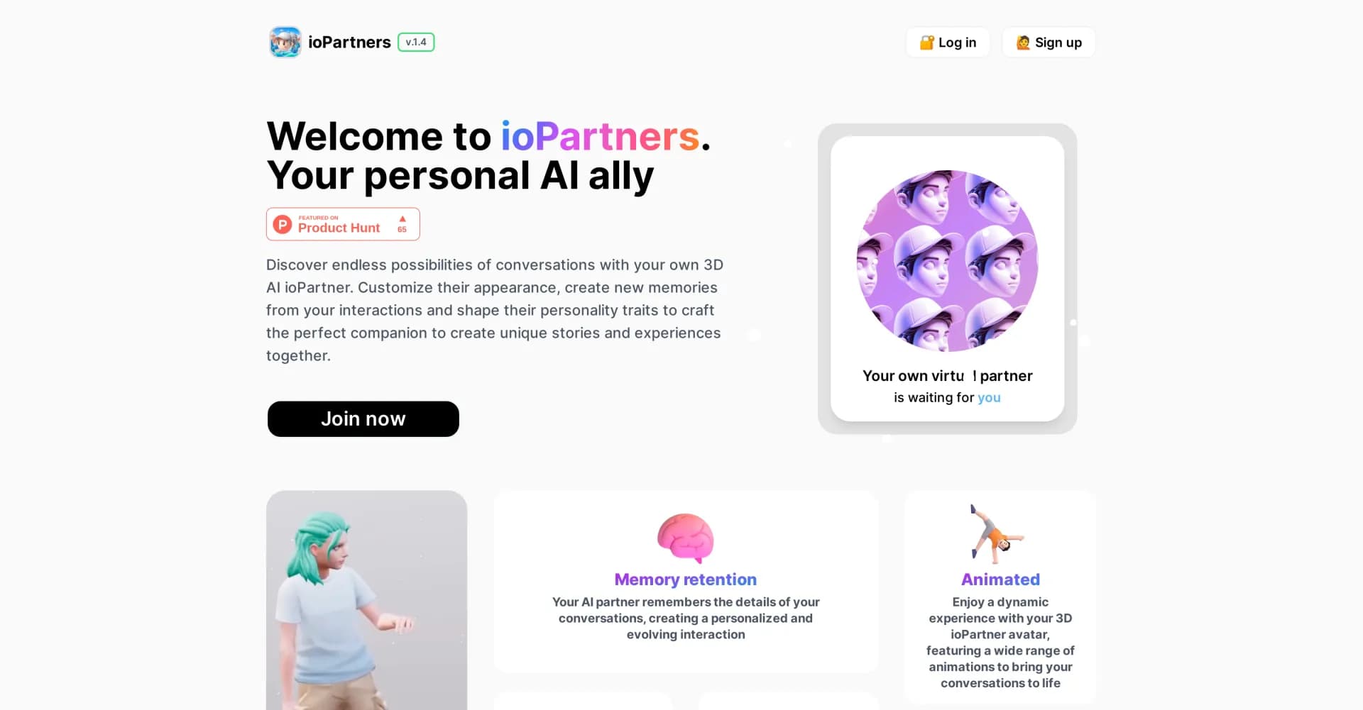 ioPartners homepage screenshot — Create and chat with customizable 3D AI partners.