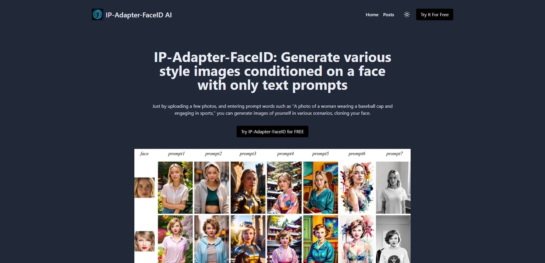 IP Adapter FaceID homepage screenshot — Generate custom images with your face using text prompts