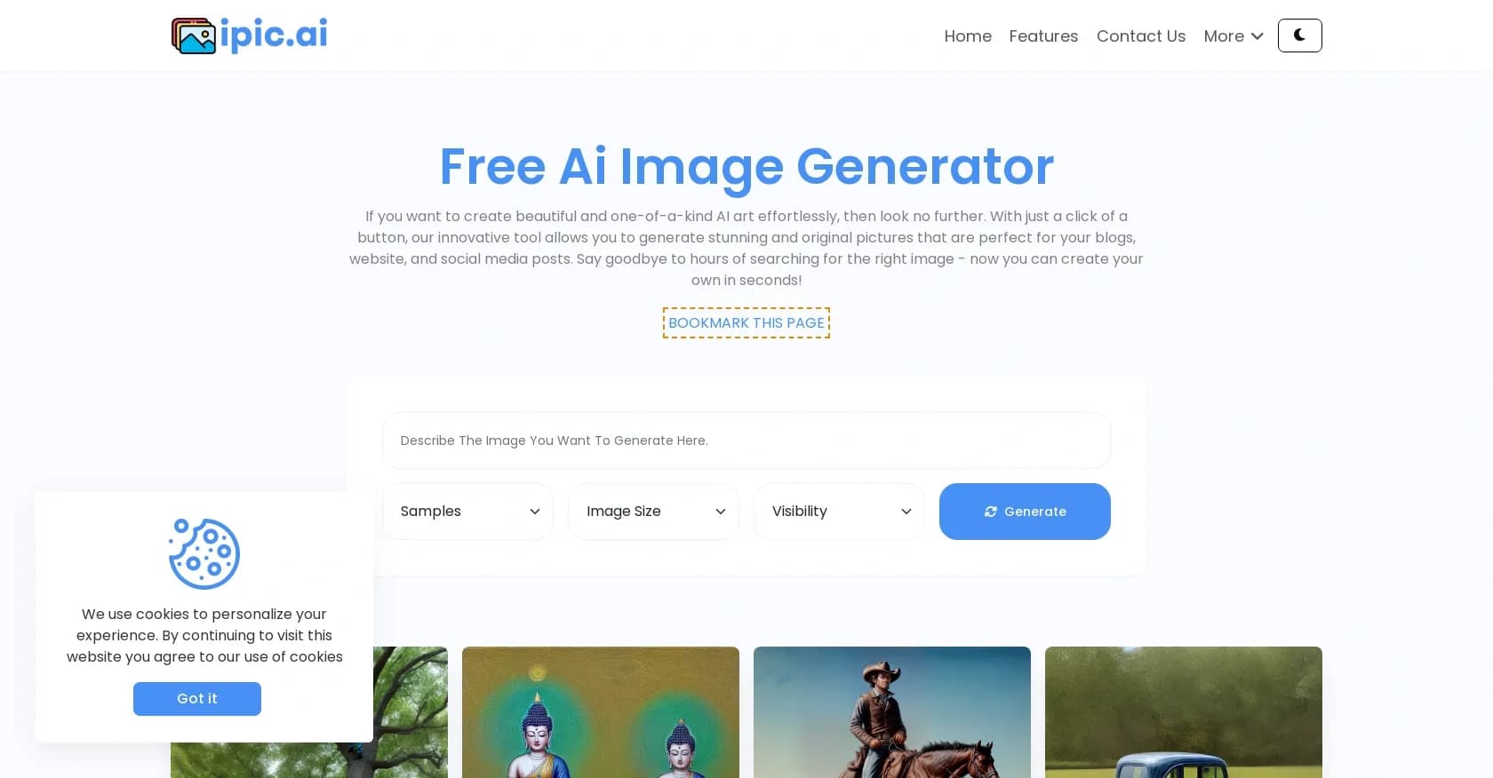 Ipic.ai homepage screenshot — Generate stunning AI art with a click