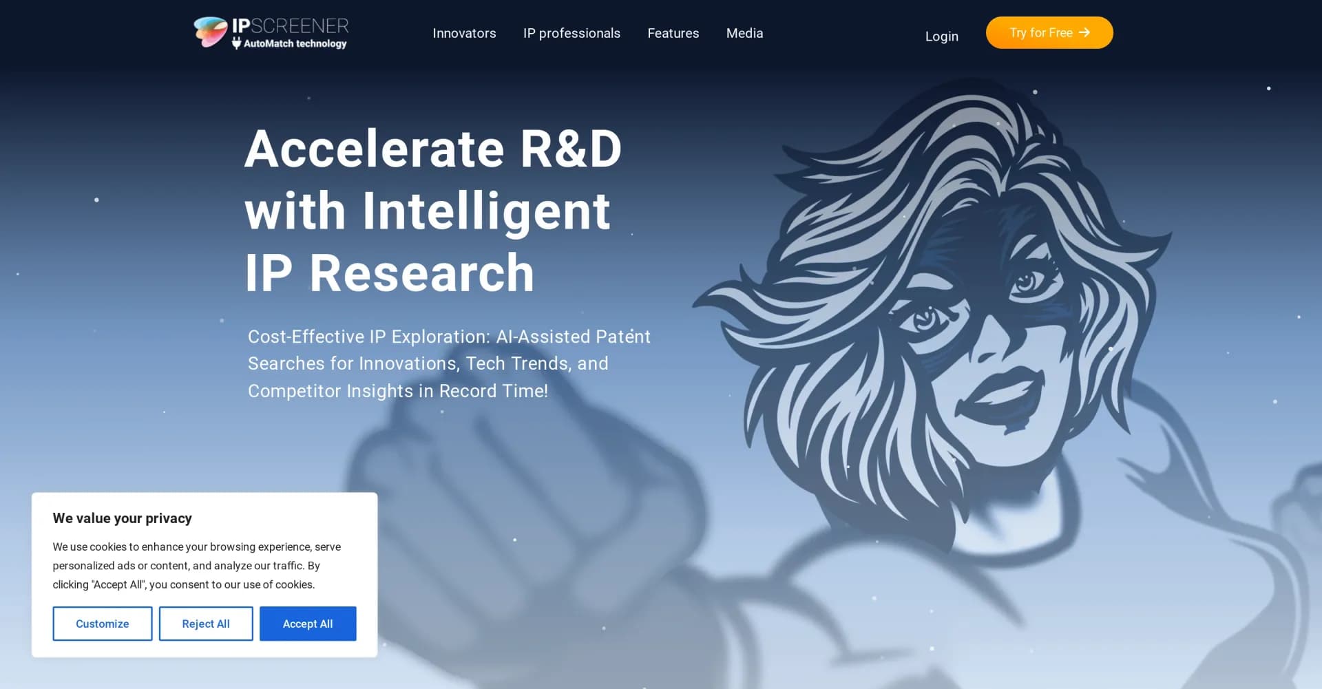 IPscreener homepage screenshot — AI-powered patent exploration for instant innovation insight