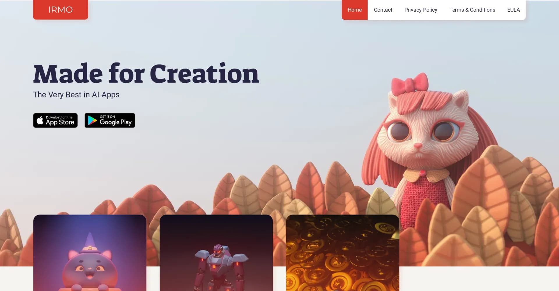 Irmo homepage screenshot — Transform imagination into AI art