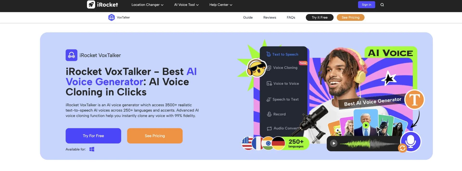 iRocket VoxTalker homepage screenshot — AI voice generator with text-to-speech and voice cloning