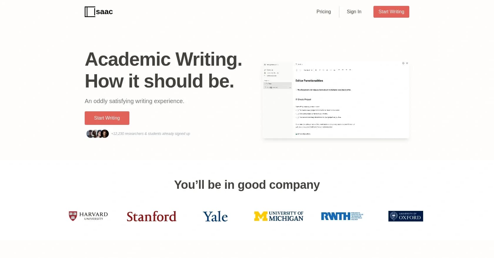 Isaac Editor homepage screenshot — AI-powered text editor for academic writing