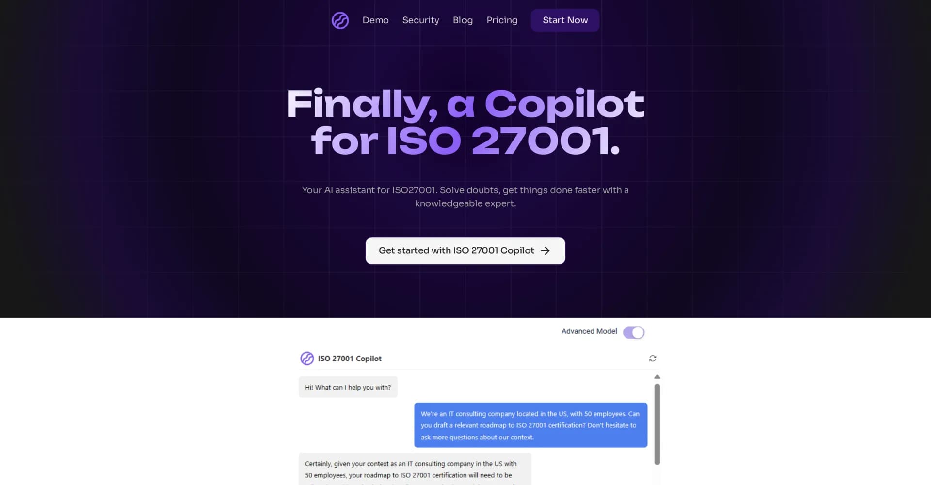 ISO 27001 Copilot homepage screenshot — AI-powered ISO 27001 expert at your fingertips.