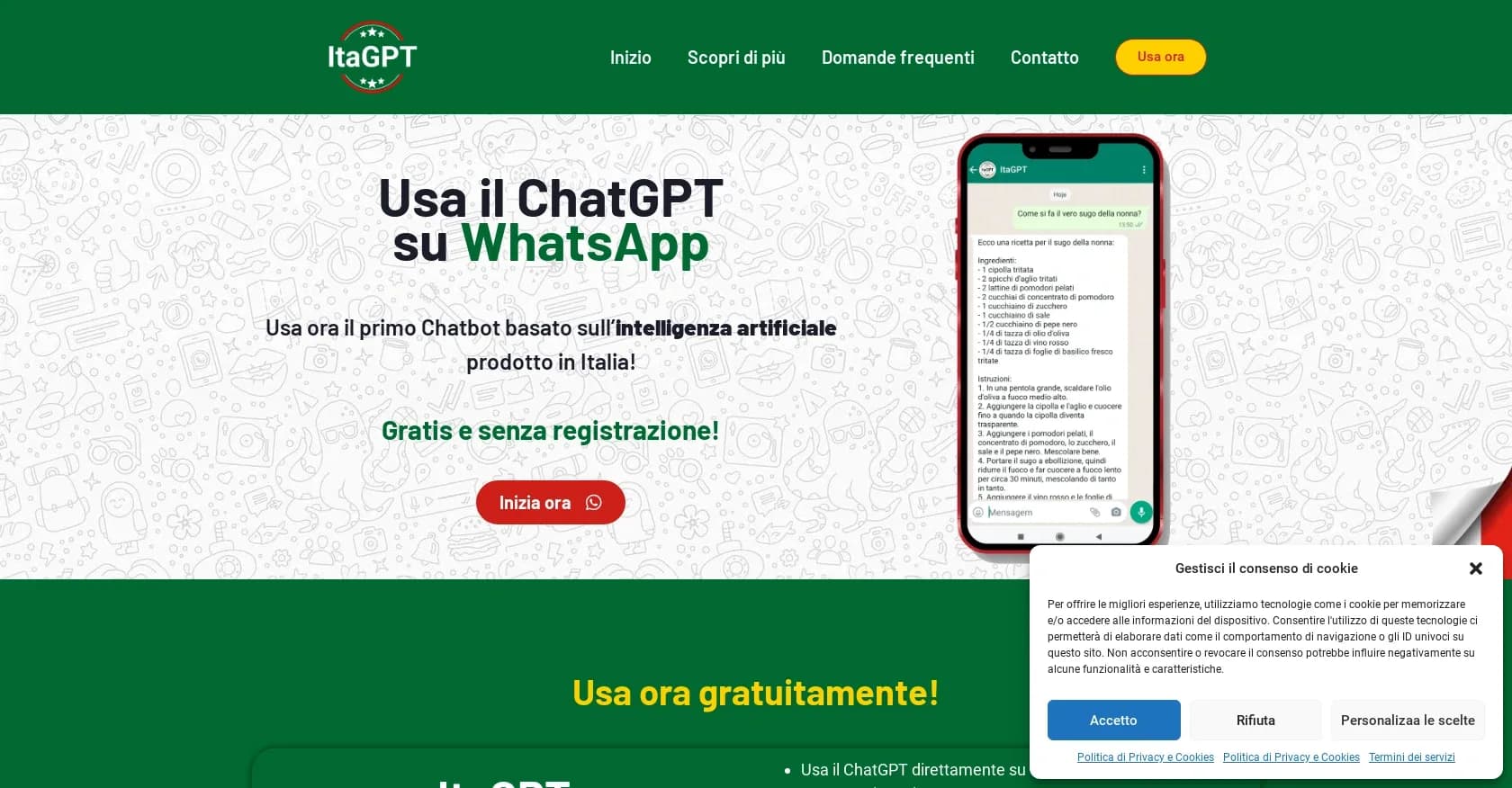 ItaGPT homepage screenshot — AI chatbot made in Italy for WhatsApp.