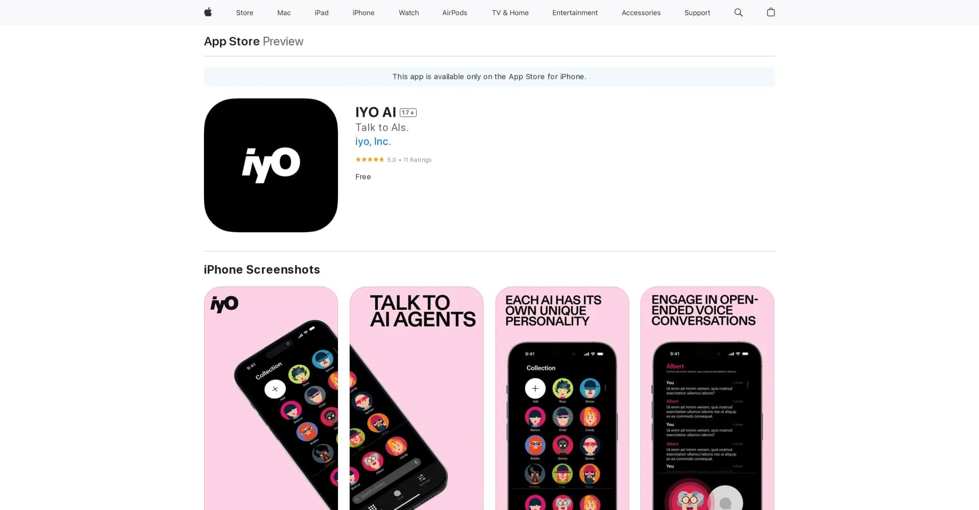 IYO AI homepage screenshot — TALK TO AIS.