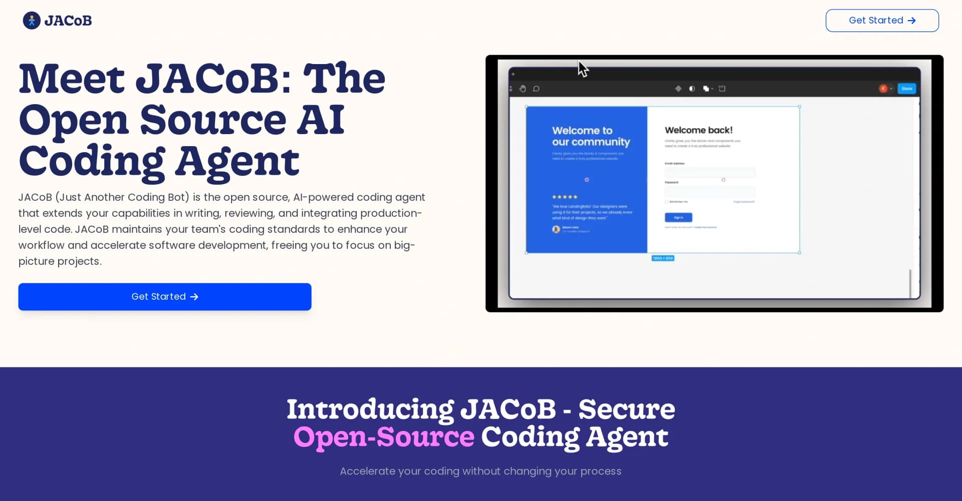 JACoB homepage screenshot — AI-powered coding agent for smarter development