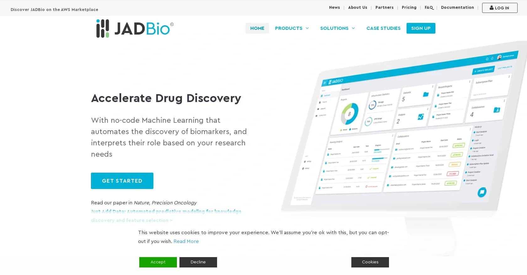 Jadbio homepage screenshot — Automate biomarker discovery with no-code Machine Learning.